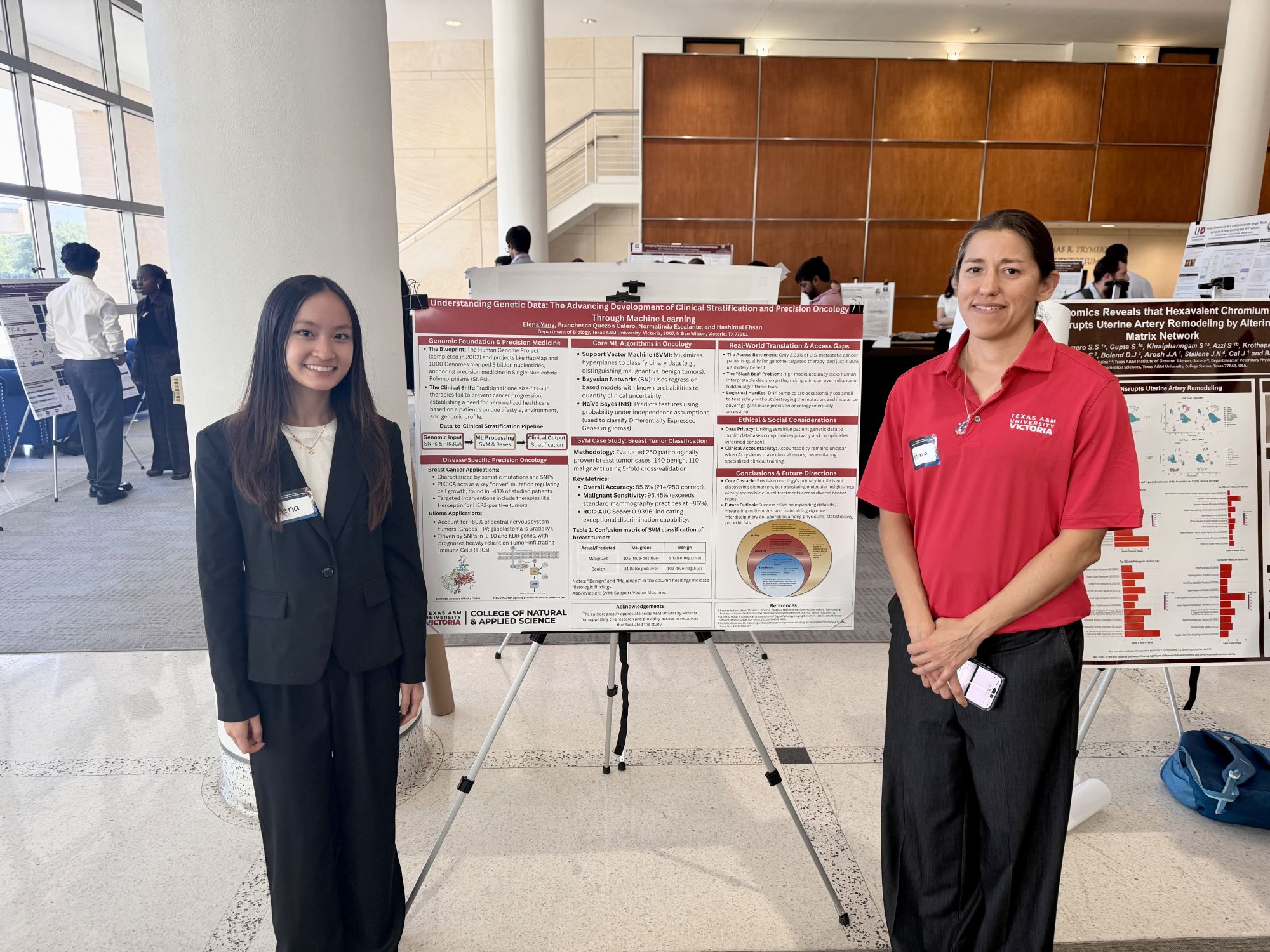 Two female students stand next to a poster showing their research project.