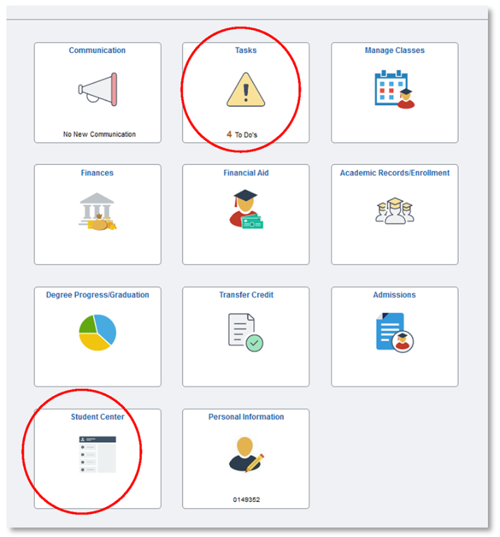 Tasks (To-Do List) and Student Center  To Do List circled red