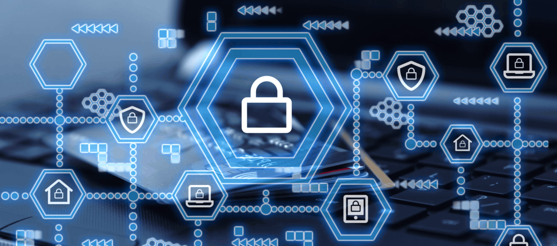 A digital illustration of a padlock symbol connected to cybersecurity icons.