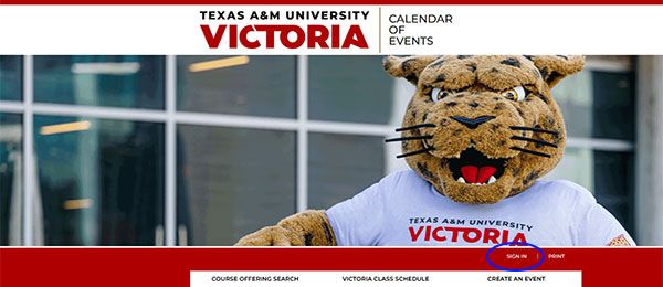 Screen shot of UHV Calendar sign in location