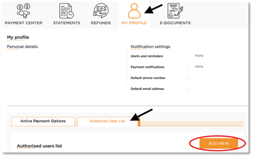 Arrows showing the location of the My Profile icon and the Authorize User List tab and the Add New button on the page.
