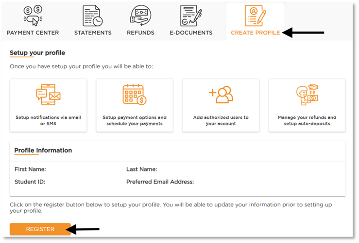 Location of the Create Profile and Register links on the PayMyTuition page.