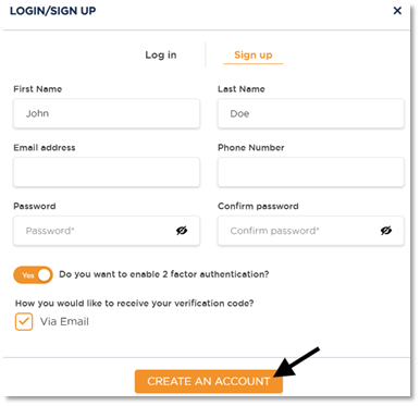 Location of the Create an Account button at the bottom of the Login/Sign Up form