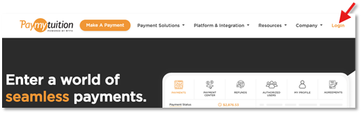 Login link location on the PayMyTuition page