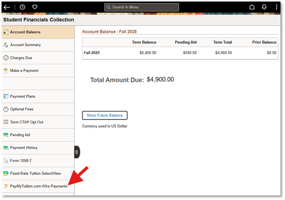 From the navigation panel, select PayMyTuition.com-Wire Payments